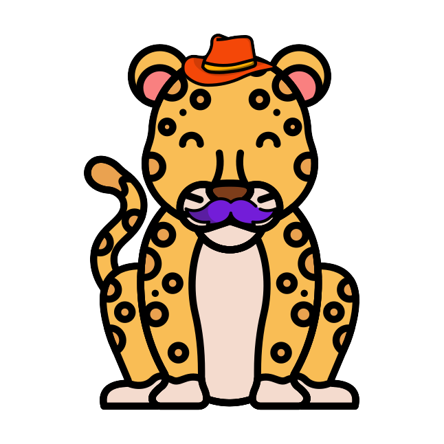 Cheetah Creative Buddy in a cowboy hat and purple mustache