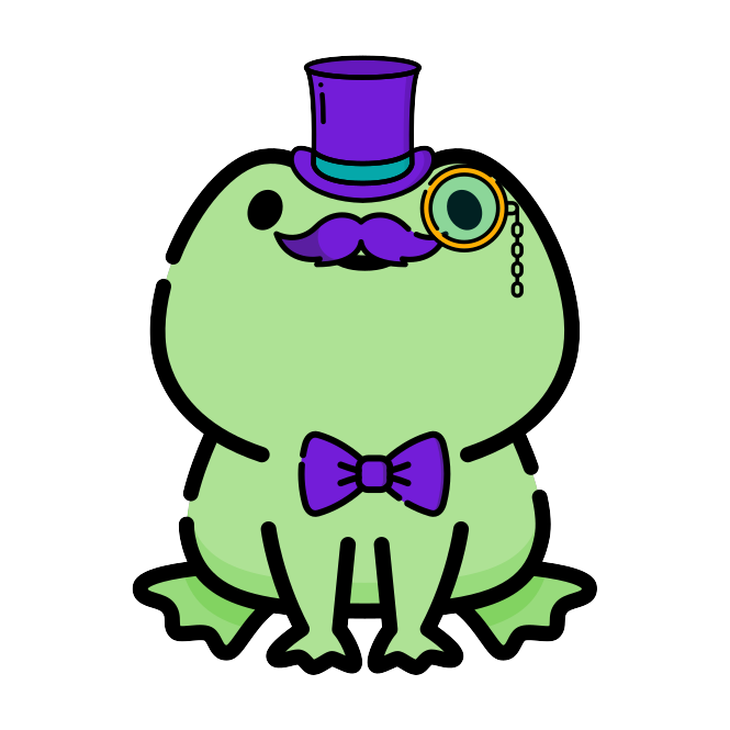 Frog Creative Buddy in a top hat, monocle, and bow tie